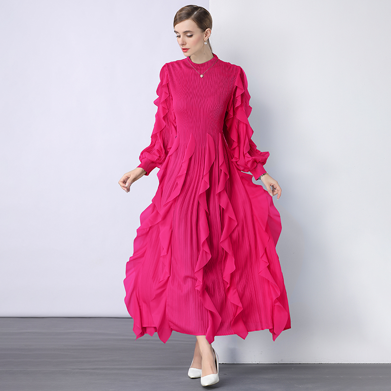 Sanzhai Cross border European and American Lotus Leaf Edge Heavy Industry Design Feel Folded High Waist Long Sleeve Light Mature Wind Loose Hanging Dress Sanzhai Cross border European and American Lotus Leaf Edge Heavy Industry Design Feel Folded High Waist Long Sleeve Light Mature Wind Loose Hanging Dress