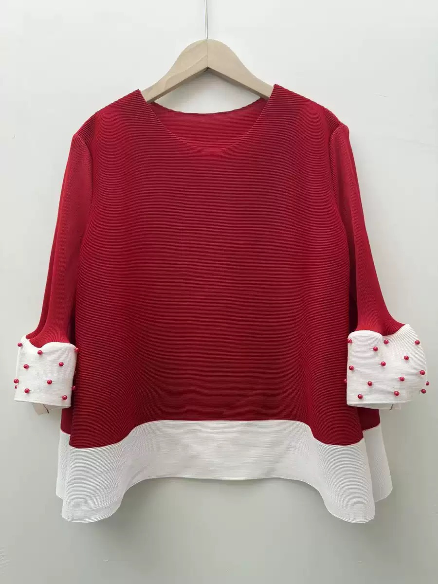 Wrinkle color blocked nail bead top, fashionable and versatile, simple European and American loose cross-border splicing long sleeved T-shirt, autumn jacket Wrinkle color blocked nail bead top, fashionable and versatile, simple European and American loose cross-border splicing long sleeved T-shirt, autumn jacket