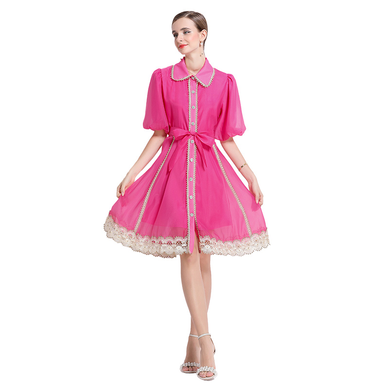 Real time shooting of summer new retro collar single breasted lace lantern sleeve dress Real time shooting of summer new retro collar single breasted lace lantern sleeve dress