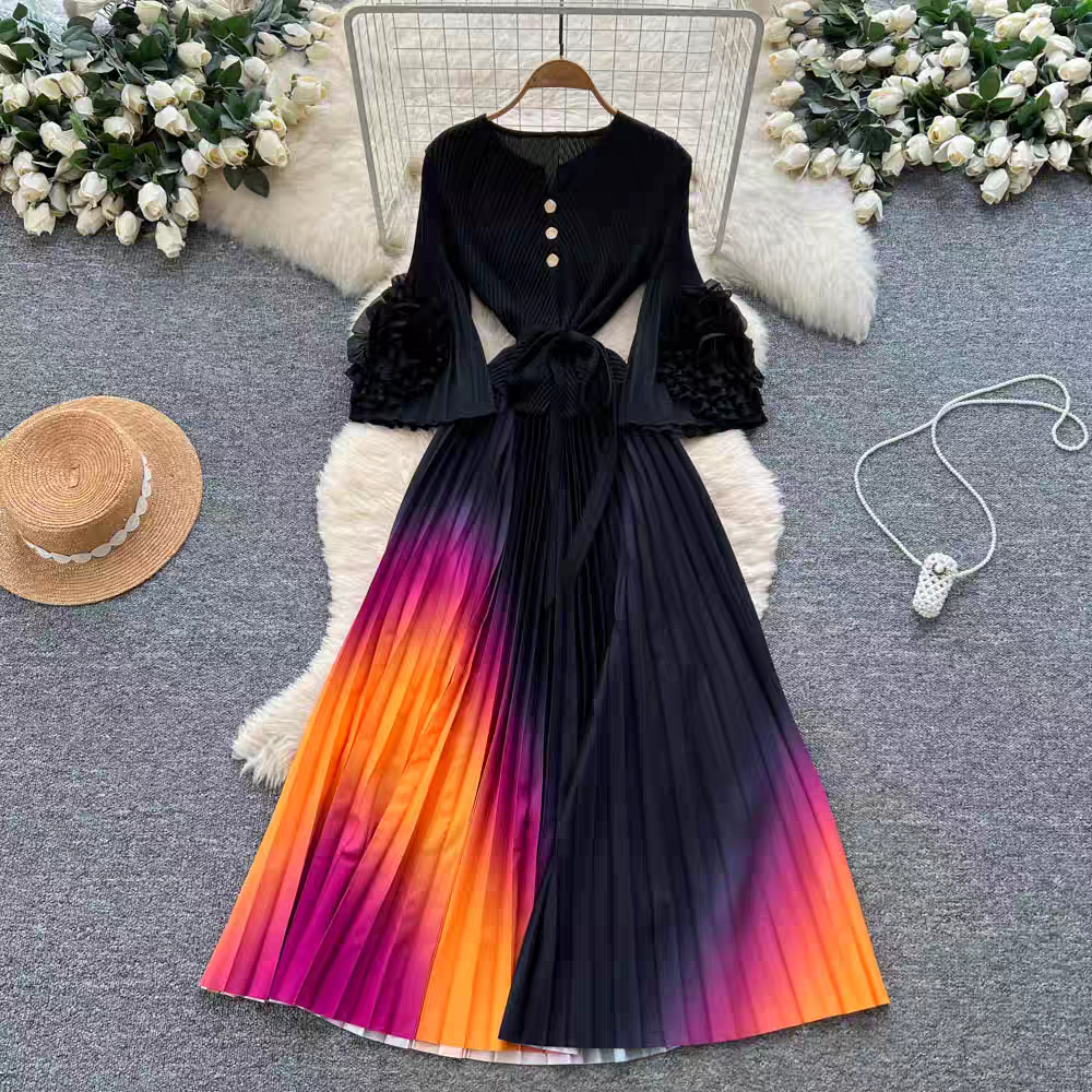 European and American cross-border three bedroom fashionable plate flower trumpet sleeve long sleeved tie waist gradient color pleated hundred fold elegant long skirt European and American cross-border three bedroom fashionable plate flower trumpet sleeve long sleeved tie waist gradient color pleated hundred fold elegant long skirt