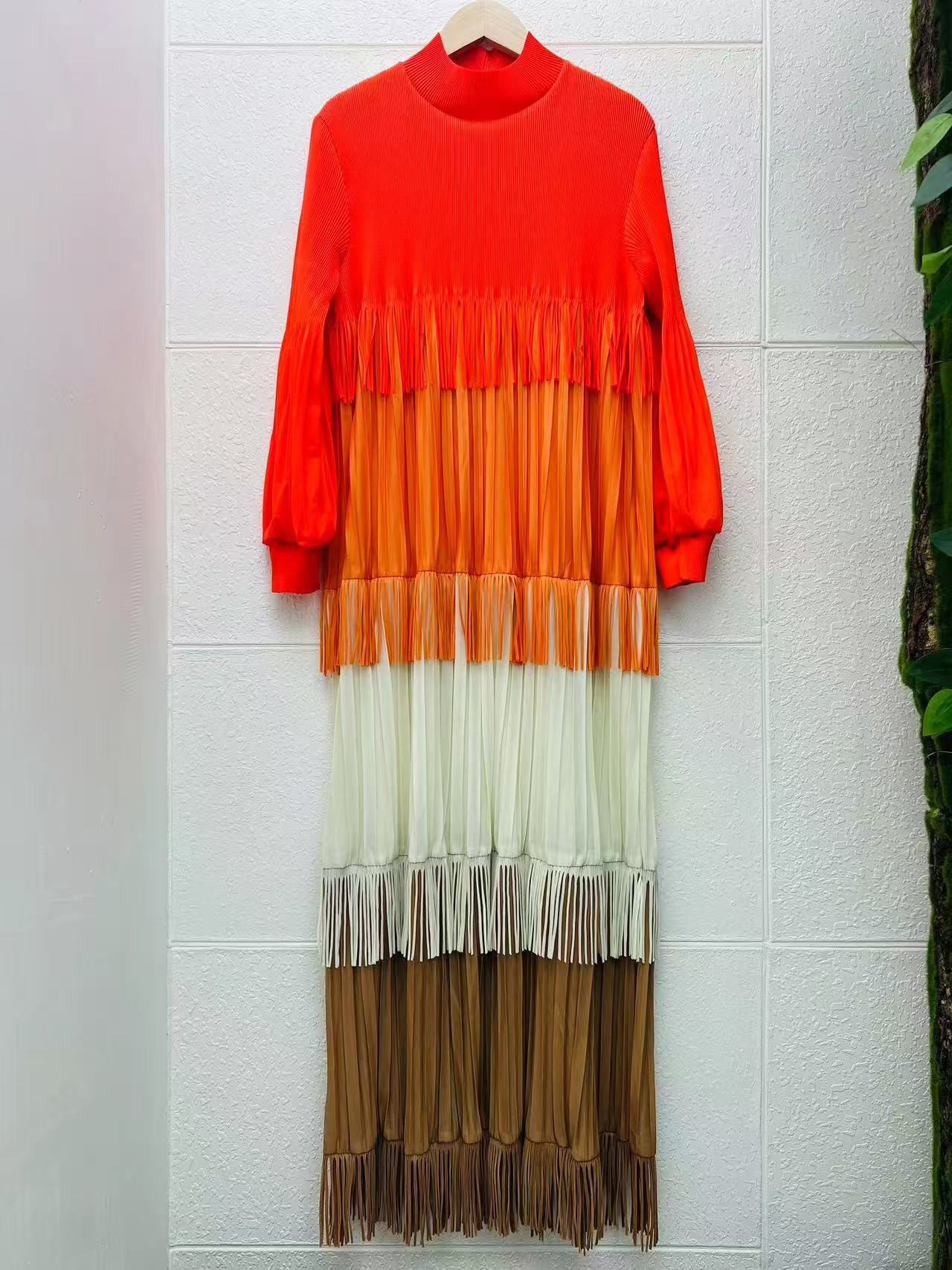 Miyake Europe and America Cross border Color blocked Heavy Industry Large Sized Tassel Splicing Wrinkle Dress Design Feel Loose New High End Customization Miyake Europe and America Cross border Color blocked Heavy Industry Large Sized Tassel Splicing Wrinkle Dress Design Feel Loose New High End Customization