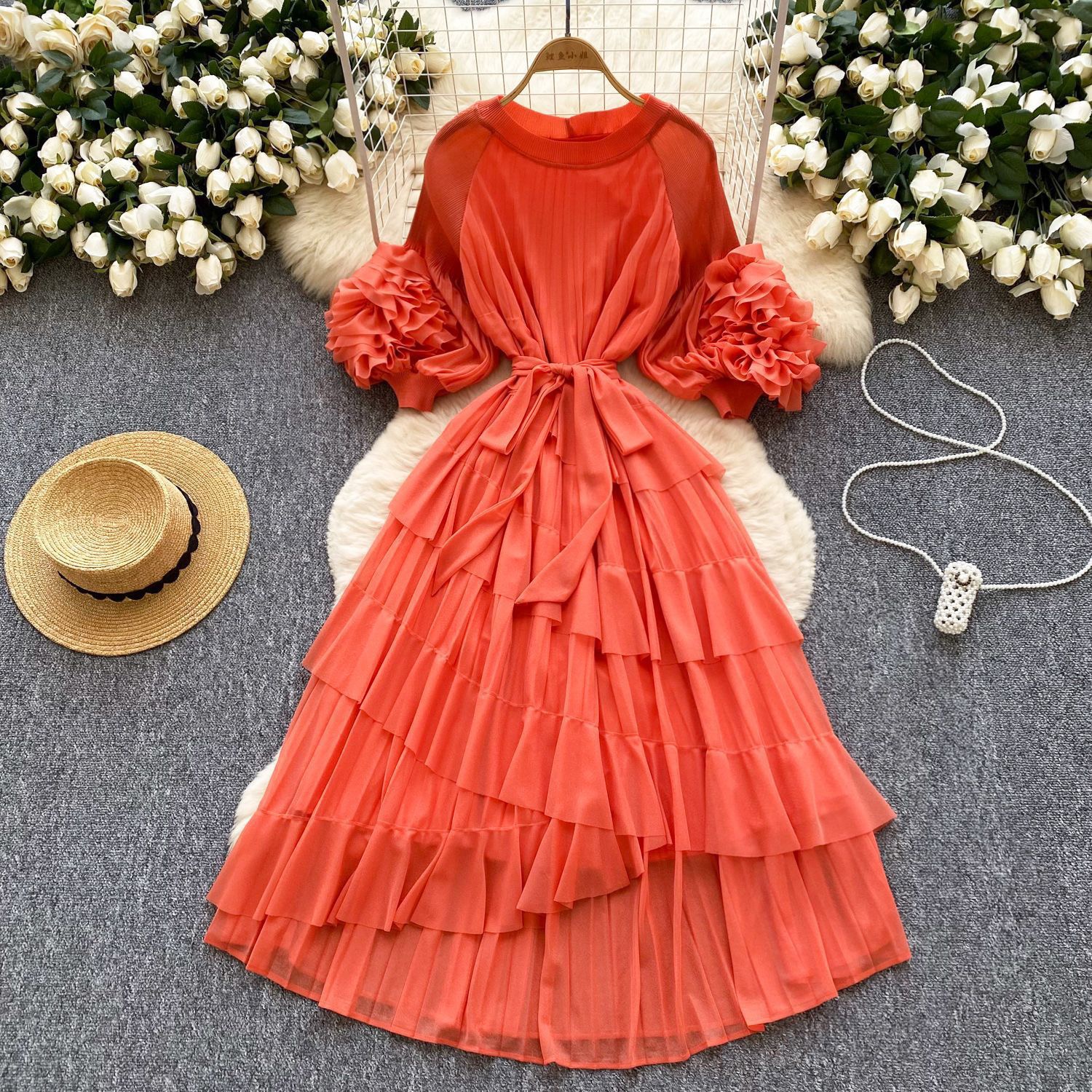 Miyake European and American retro palace style design with bubble sleeves, hand waving flower round neck, large size pleated, foreign trade cross-border women's clothing Miyake European and American retro palace style design with bubble sleeves, hand waving flower round neck, large size pleated, foreign trade cross-border women's clothing