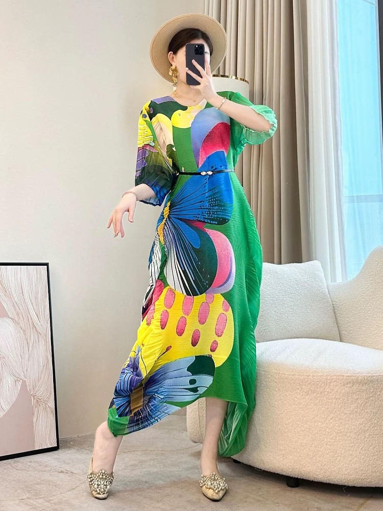 Miyake luxury, irregular ruffle edge design, pleated printed dress, beach vacation, plus size, loose fit for women Miyake luxury, irregular ruffle edge design, pleated printed dress, beach vacation, plus size, loose fit for women