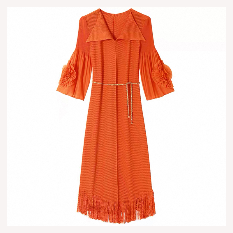 Miyake 2025 new pleated fish scale pleated dress with floral sleeves, tassel oversized women's clothing, elegant foreign trade, cross-border Miyake 2025 new pleated fish scale pleated dress with floral sleeves, tassel oversized women's clothing, elegant foreign trade, cross-border