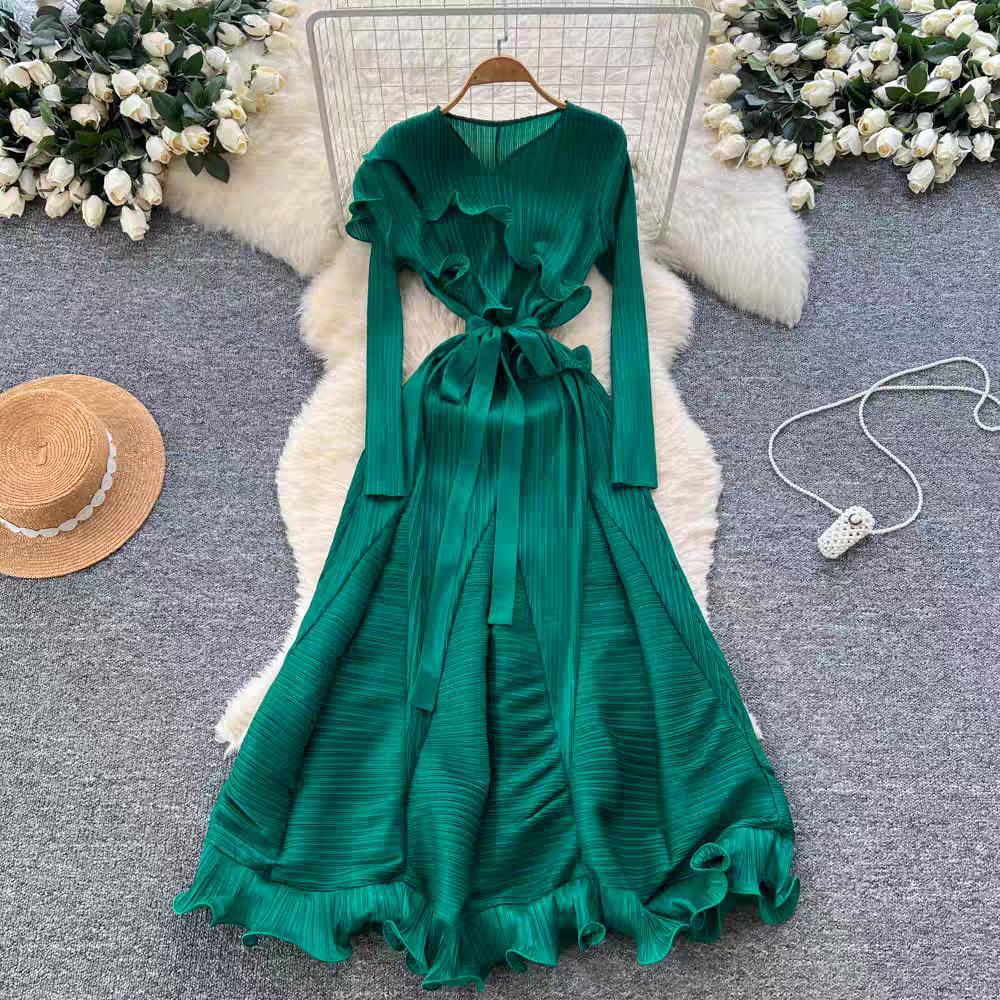 European and American cross-border three house mushroom edge heavy industry pleated long sleeved tied dress looks slim and high-end floral bud skirt long skirt European and American cross-border three house mushroom edge heavy industry pleated long sleeved tied dress looks slim and high-end floral bud skirt long skirt