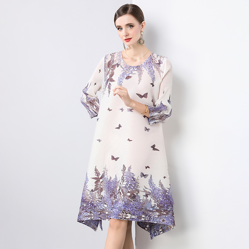 Miyake Eternal Tranquility Wisteria Flower Language MM Foreign Trade Seven Sleeve Round Neck Loose A-line Skirt Folded Dress Miyake Eternal Tranquility Wisteria Flower Language MM Foreign Trade Seven Sleeve Round Neck Loose A-line Skirt Folded Dress