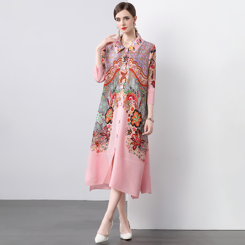 Sanzhai Spring and Autumn Mid length Loose Printed Slimming and Age Reducing Large Size MM Dress with Collar Fold and Nine Cent Sleeve Sanzhai Spring and Autumn Mid length Loose Printed Slimming and Age Reducing Large Size MM Dress with Collar Fold and Nine Cent Sleeve
