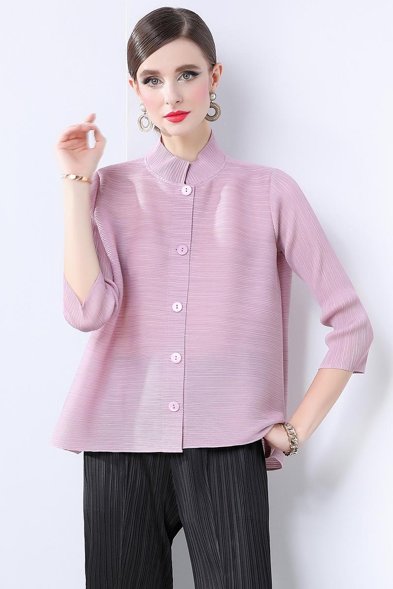 Miyake solid color versatile loose pleated top in mm size, with 9/4 sleeves and stand up collar for commuting, slimming shirt, minimalist jacket Miyake solid color versatile loose pleated top in mm size, with 9/4 sleeves and stand up collar for commuting, slimming shirt, minimalist jacket
