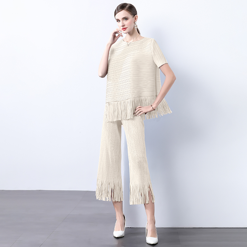 Miyake European and American style pleated fringe design, loose and irregular top, slimming and wide leg pants two-piece set for women Miyake European and American style pleated fringe design, loose and irregular top, slimming and wide leg pants two-piece set for women