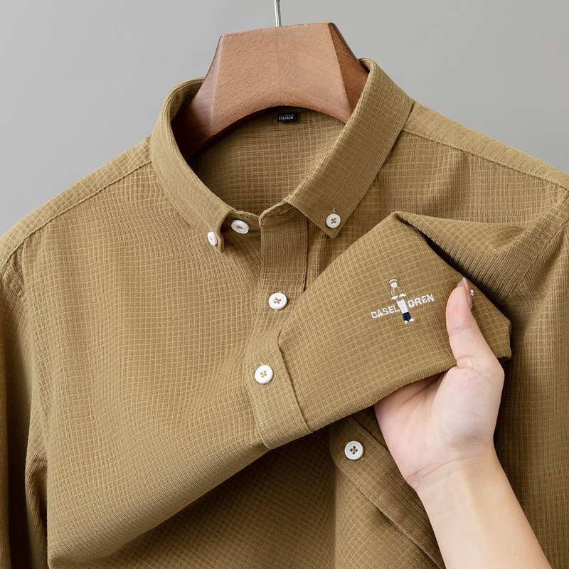 New embroidered men's long sleeved solid color shirt, all cotton corduroy plaid versatile business and leisure Hong Kong style top for men