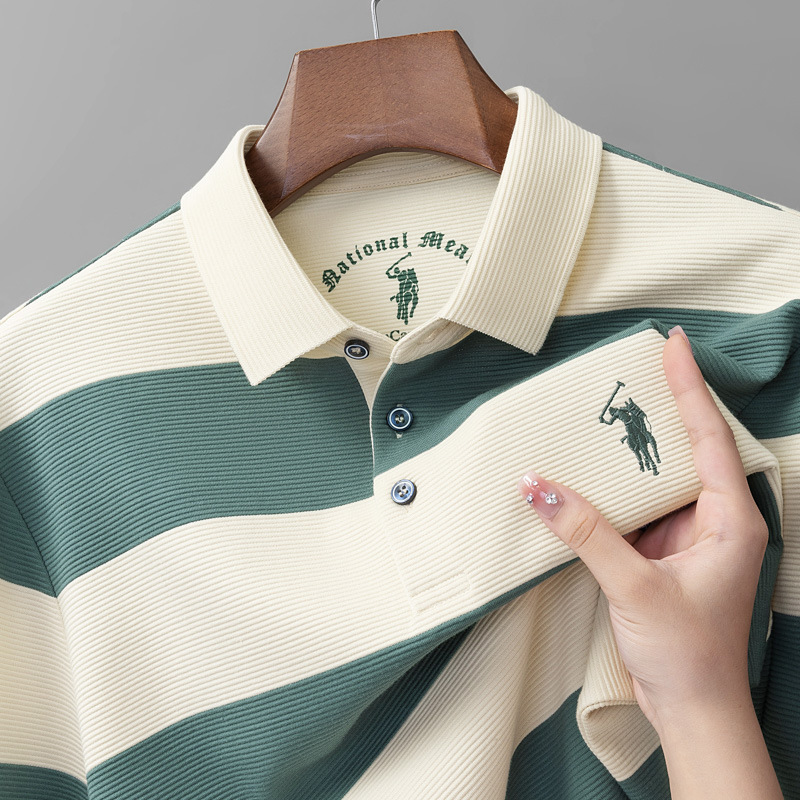 Cross border simple striped spring and autumn men's long sleeved T-shirt with striped lapel and polo shirt, middle-aged business T-shirt