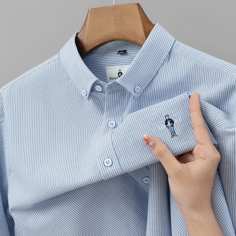 New Product Launch of Embroidered Long Sleeve Shirt for Small People, Business Versatile, Vertical Striped Shirt, Non Ironing, Foreign Trade, Cross border Men