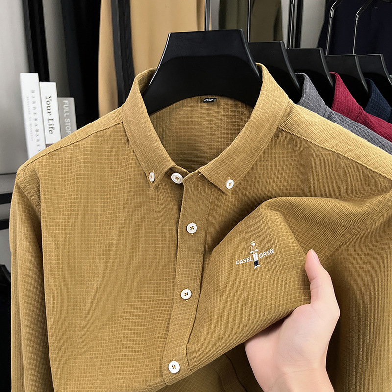Cotton corduroy plaid new embroidered men's long sleeved solid color shirt versatile business casual Hong Kong style top for men