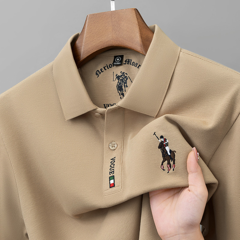 100% pure cotton men's long sleeved polo shirt for spring and autumn, high-end double stitch horse logo embroidery, trendy brand T-shirt, business T-shirt for men