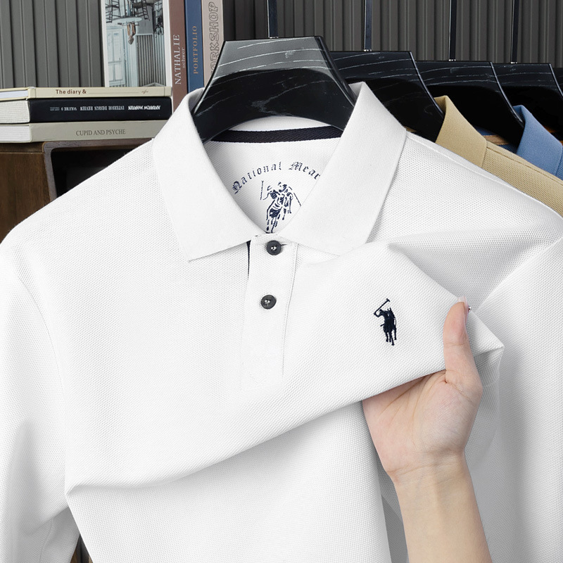 Cross border foreign trade men's cotton skin friendly breathable long sleeved embroidered polo shirt with spring and autumn collar, high-end clean edition business shirt