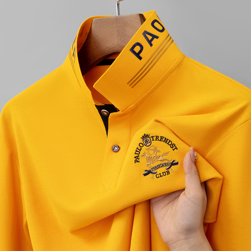 Hexagonal bead silk cotton men's embroidered small horse logo long sleeved polo shirt men's casual lapel top Paul T-shirt