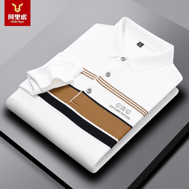 Alibaba Tiger Spring and Autumn new striped long sleeved men's T-shirt, men's dad outfit, business and fashion, bead pressed long sleeved polo shirt