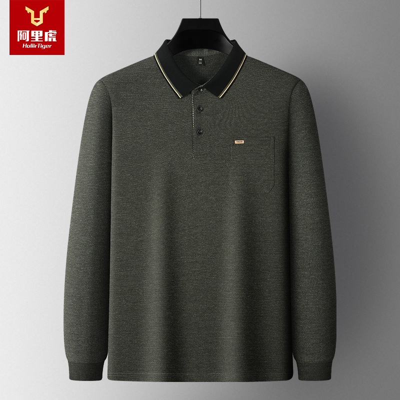 Alibaba Tiger Men's Heavy Autumn and Winter New Collection Middle aged Men's Long Sleeve Polo Sugi Fashion Casual Real Pocket Shirt Business