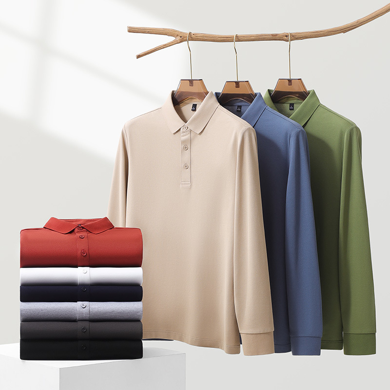 Alibaba Tiger's autumn new business men's casual solid color long sleeved base shirt with a high-end feeling and a polo shirt top