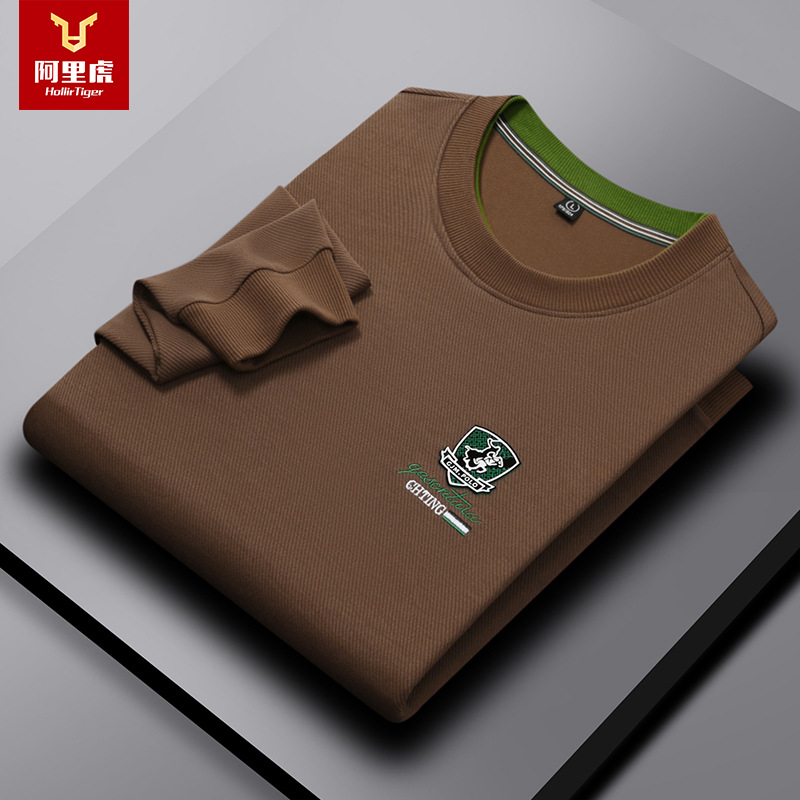 Alibaba Tiger men's autumn new round neck men's hoodie cotton twill fabric solid color casual fashion business in stock