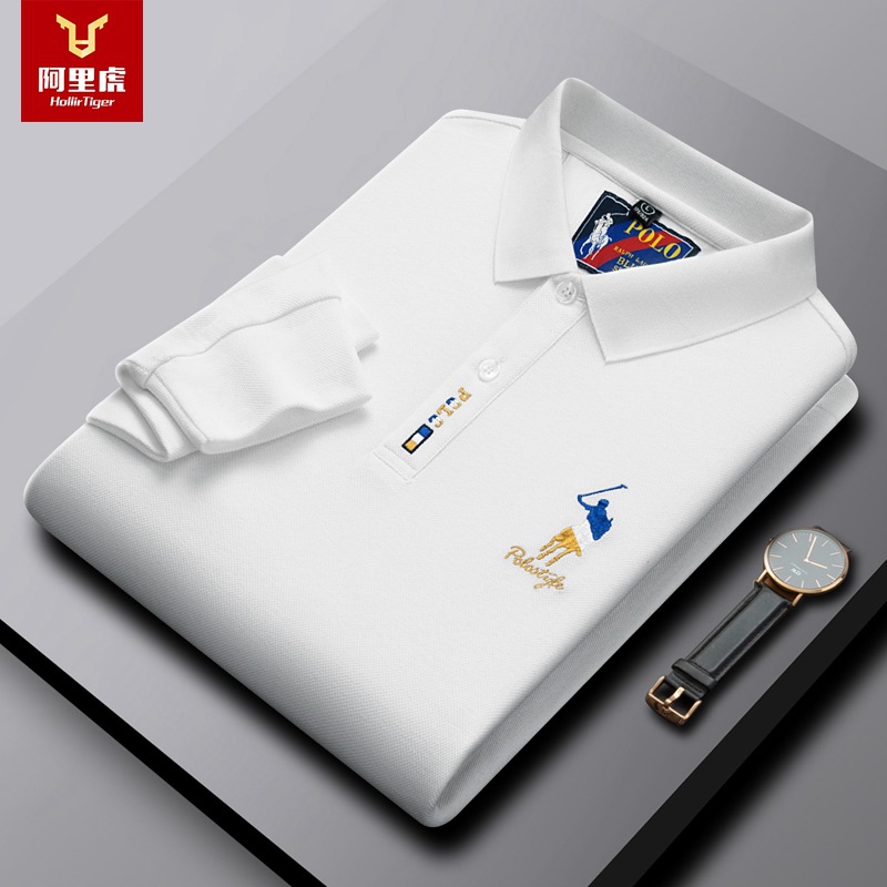 Alibaba Tiger Men's Spring and Autumn Embroidered Long Sleeve T-shirt Men's Top Loose Business Men's Polo Shirt Embroidered Design