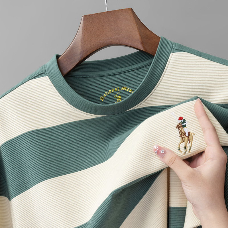 Color woven striped men's round neck pullover long sleeved Paul shirt casual small horse logo T-shirt sea soul shirt top T-shirt a