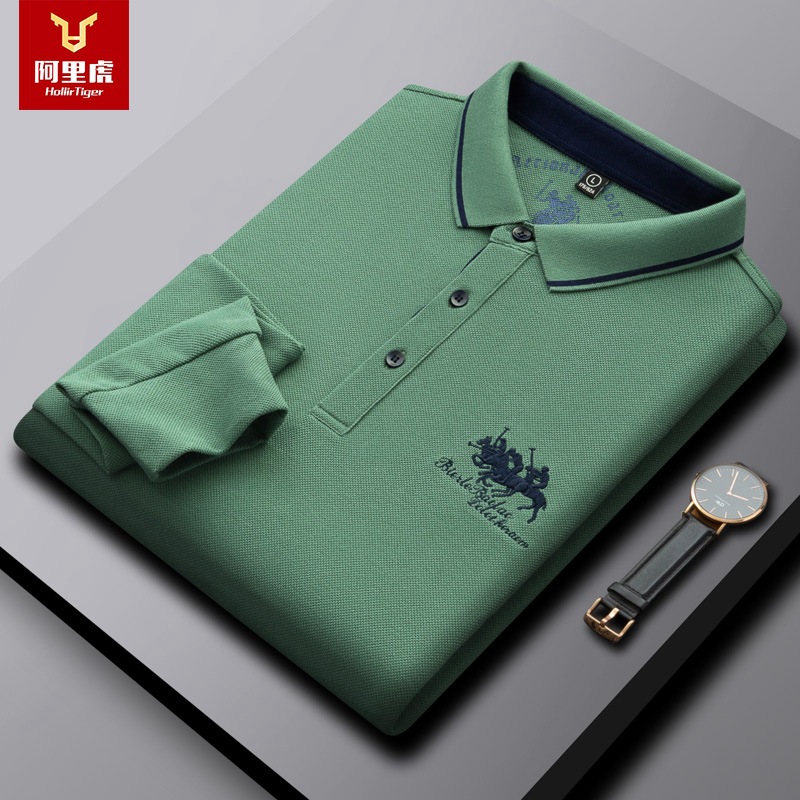 Alibaba Tiger Men's Autumn New Collection Solid Color Spot Embroidered Long Sleeve Casual Fashion Men's Business Polo Shirt