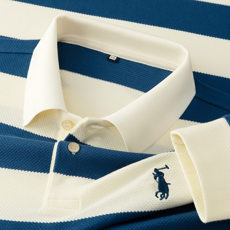 High end men's long sleeved lapel polo shirt with contrasting stripes, embroidered polo shirt, men's business casual pineapple pattern shirt