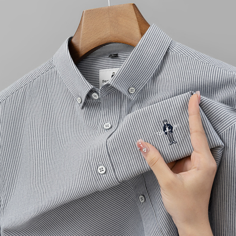 Men's long sleeved shirt with striped cotton embroidery men's top men's shirt casual shirt new pure cotton foreign trade men's shirt