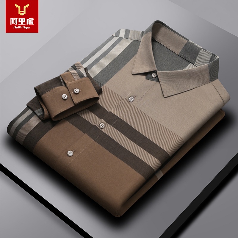 Alibaba Tiger Men's Spring and Autumn New Style Ironless Treatment Shirt for Men's Daily Casual Business Long Sleeve Checkered Shirt for Men