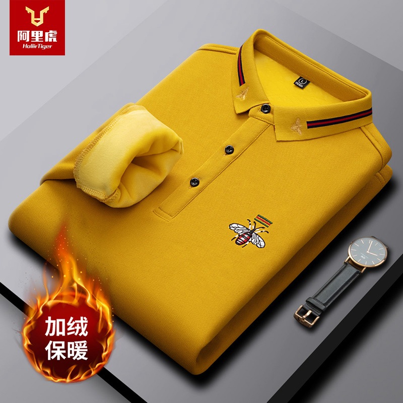 Thick and plush long sleeved T-shirt, solid color new style, embroidered with bees, casual and warm base, men's polo shirt with a lapel collar