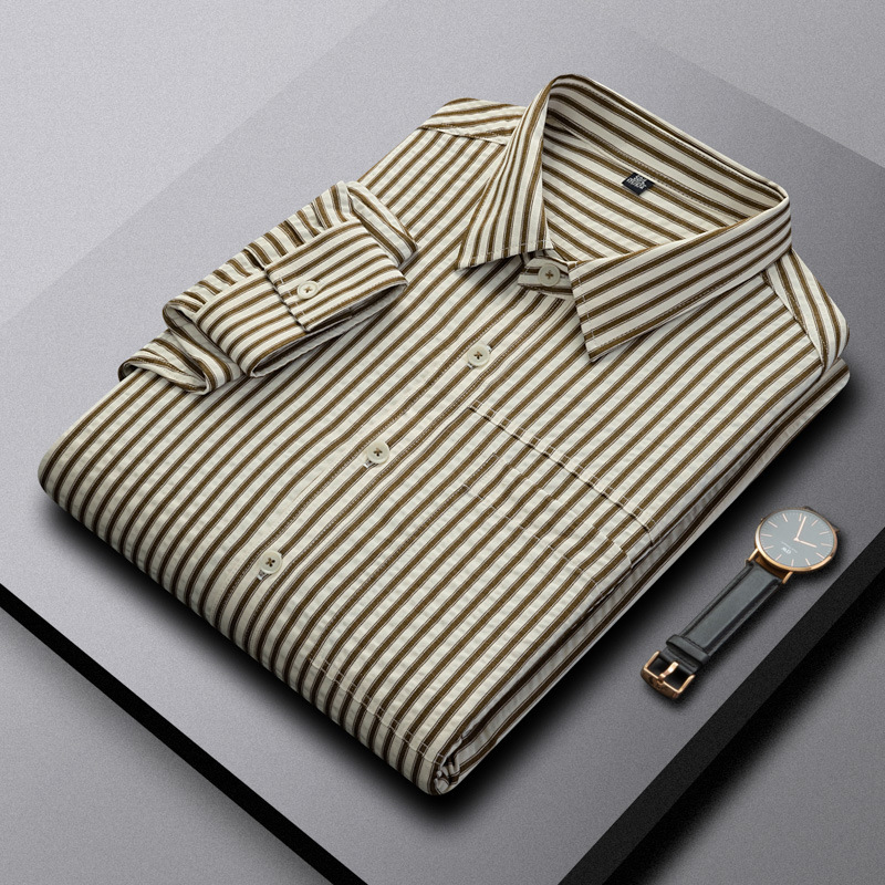 Alibaba Tiger Men's New Striped Pocket Decoration Simple and Comfortable Business Long Sleeve Shirt Versatile for Middle aged and Young Men