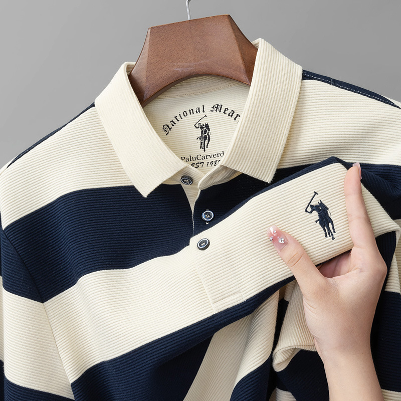 Tiktok live broadcast of Spring and Autumn Men's long sleeved T-shirt striped lapel pony logo POLO shirt middle-aged business T