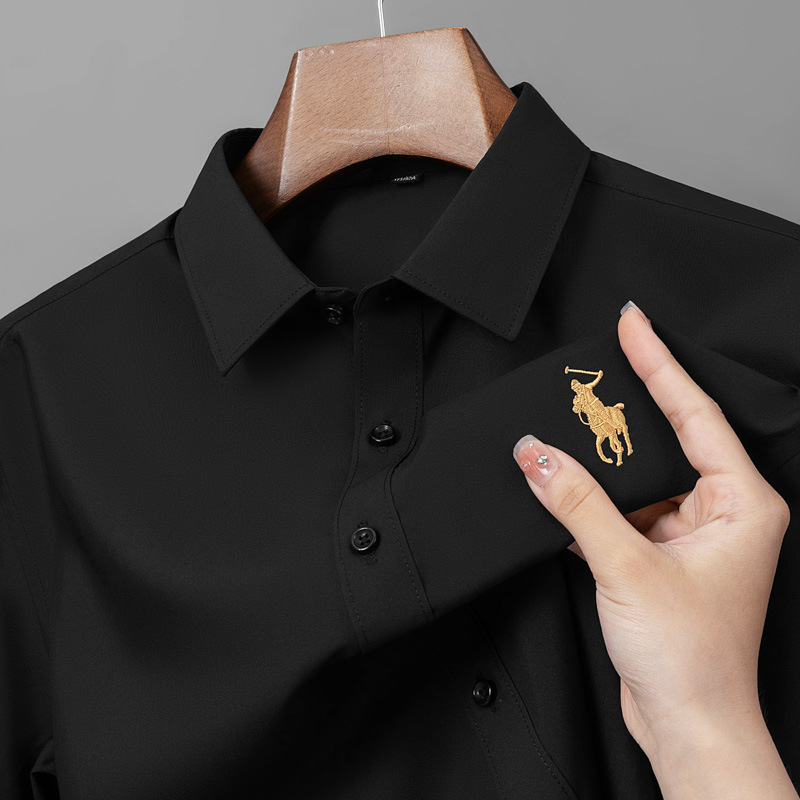 Men's sophisticated sense, exquisite Paul embroidery, spring and autumn middle-aged dad outfit, long sleeved lapel casual shirt, inch top