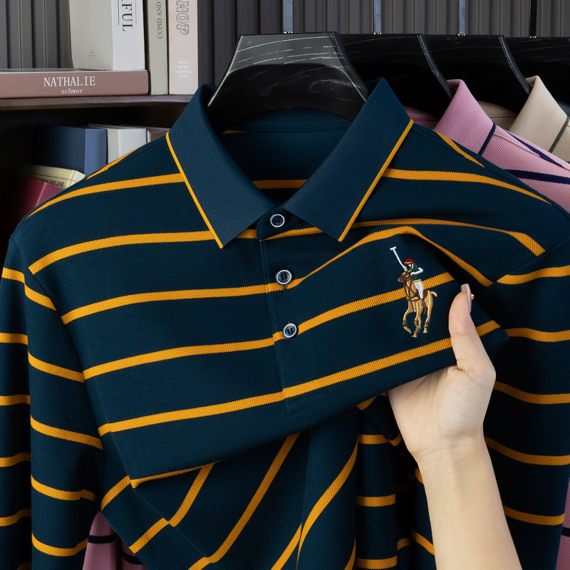 Paul style spring and autumn dad cotton color woven striped long sleeved men's polo shirt middle-aged business casual lapel shirt