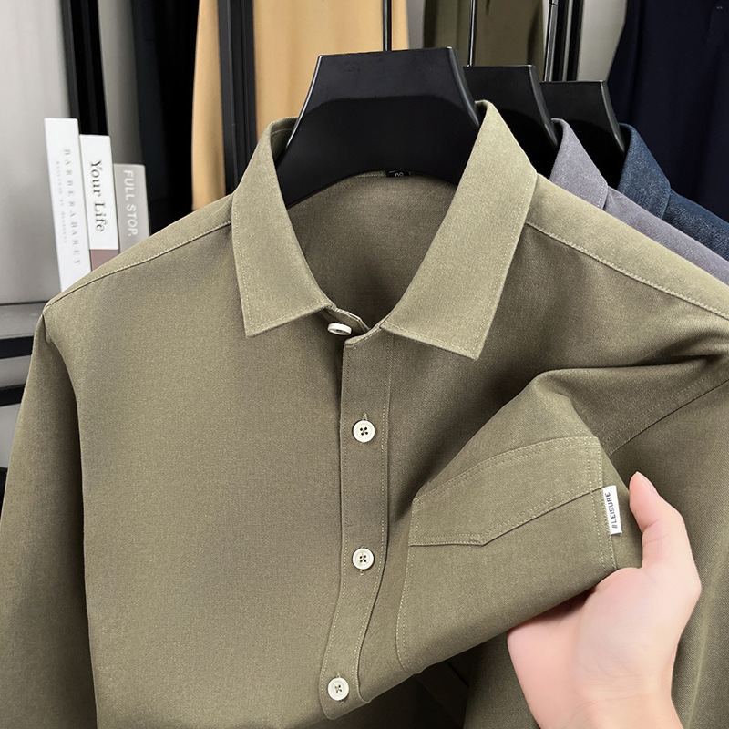 Shuo Yin Bang High end Imitation Denim Pocket Shirt Long Sleeve Shirt Casual Men's Iron Free Solid Top Business Inch Shirt