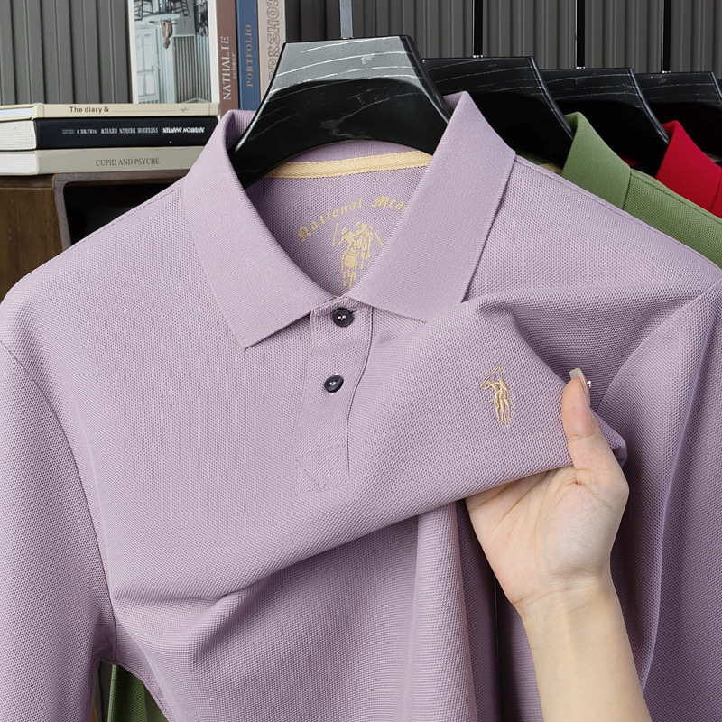Spring and Autumn New 100% Cotton Long sleeved Polo Shirt Embroidered Collar Men's High end T-shirt, Middle aged and Youth Versatile Top
