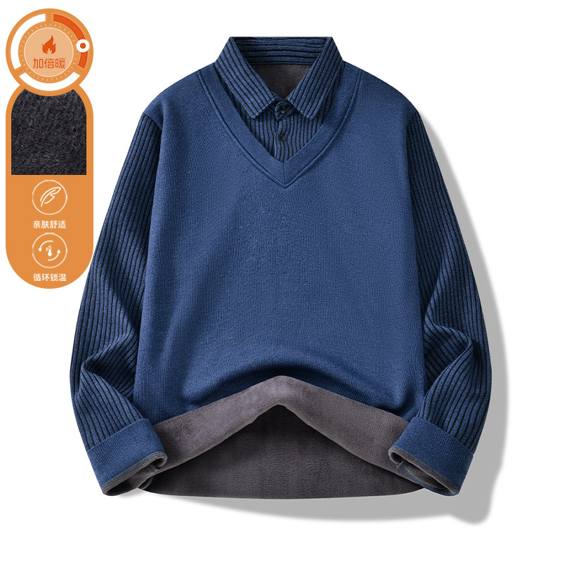 Alibaba Tiger Men's Winter New Collection: Collar T-shirt, 2 pieces, long sleeved with fleece sweater, men's warm shirt, business top