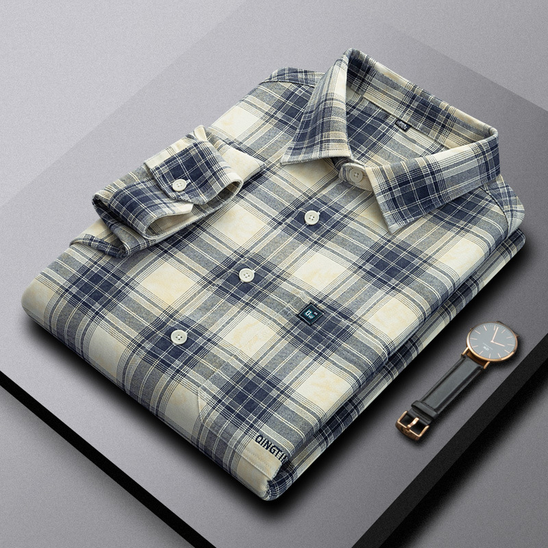 Spring and Autumn Men's Long Sleeve Warm Shirt Business Casual Checkered Striped Shirt Non Ironing Wrinkle Resistant Cotton Thin Coat