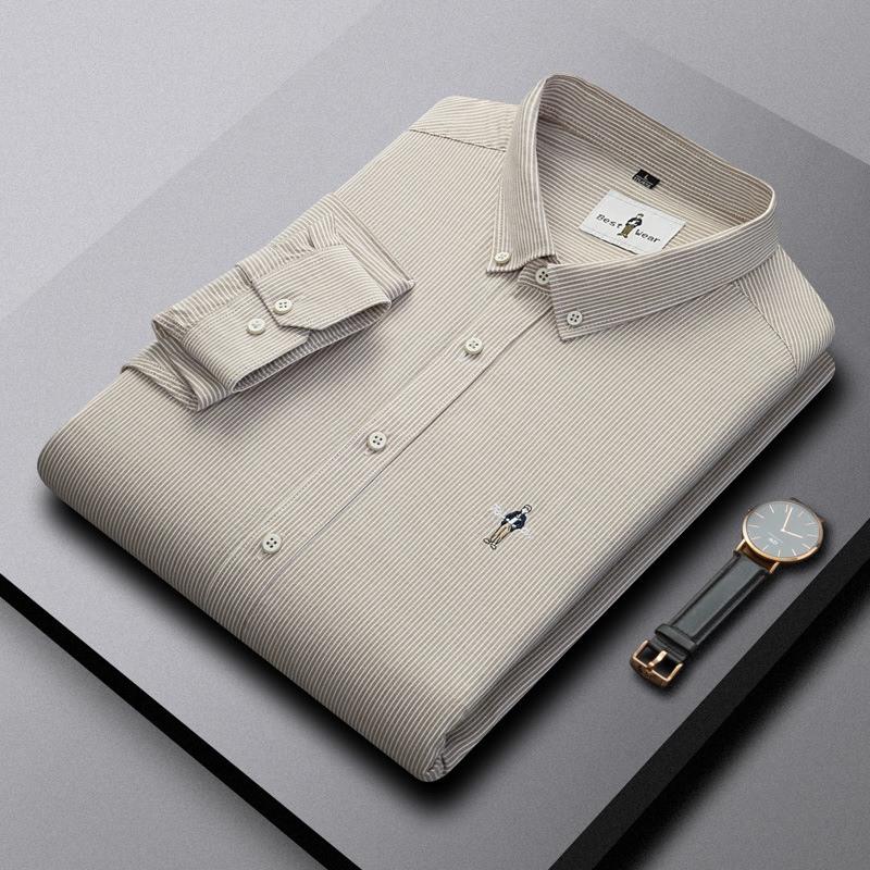 100% pure cotton brushed striped long sleeved men's shirt, comfortable, breathable, business simple, three-dimensional embroidered men's shirt